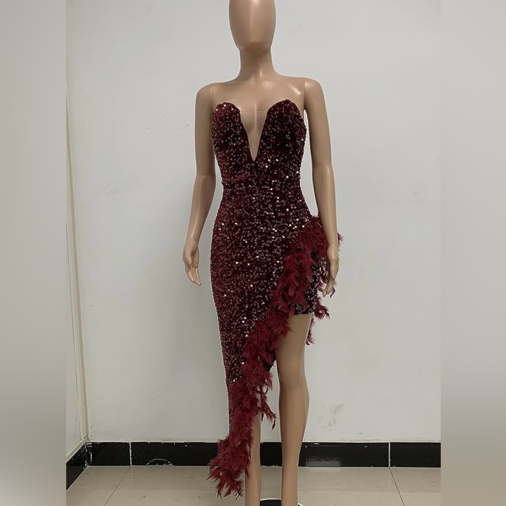 Womens Sequin Feather Prom Dresses Sleeveless Cami High Slit Evening Gowns